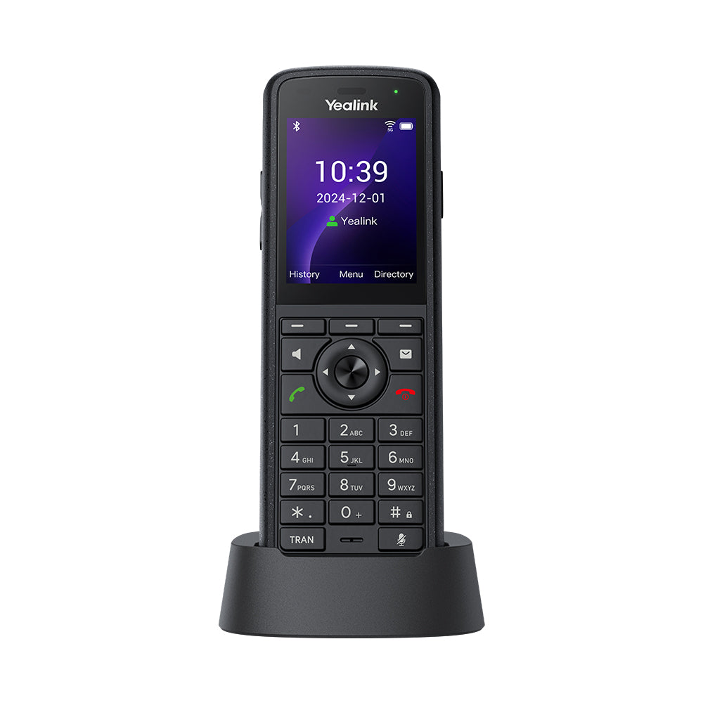 Yealink AX86R rugged Wi-Fi 6 IP phone with 2.4-inch color screen and IP67 protection (front view sitting on charging cradle). Yealink AX86R rugged Wi-Fi 6 IP phone with 2.4-inch color screen and IP67 protection (front view sitting on charging cradle).